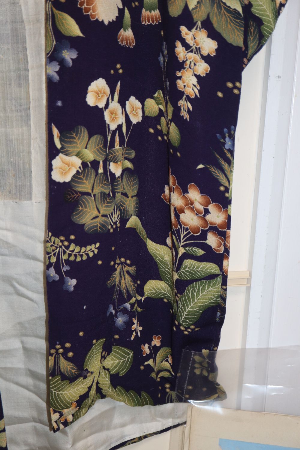 A 1930s crepe de chine printed floral kimono with silk lining